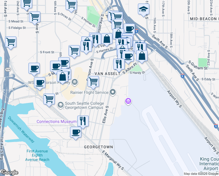 map of restaurants, bars, coffee shops, grocery stores, and more near 6525 Ellis Avenue South in Seattle