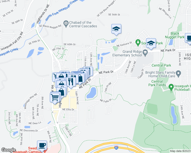 map of restaurants, bars, coffee shops, grocery stores, and more near 1285 Northeast Park Drive in Issaquah