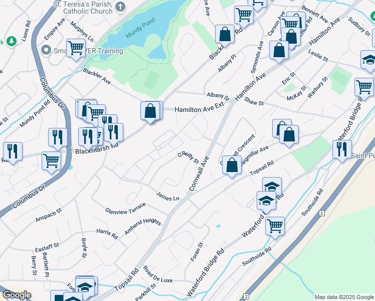 map of restaurants, bars, coffee shops, grocery stores, and more near 12 O'Reilly Street in St. John's