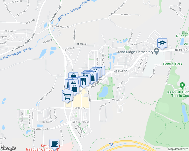 map of restaurants, bars, coffee shops, grocery stores, and more near 1087 Northeast Hickory Lane in Issaquah