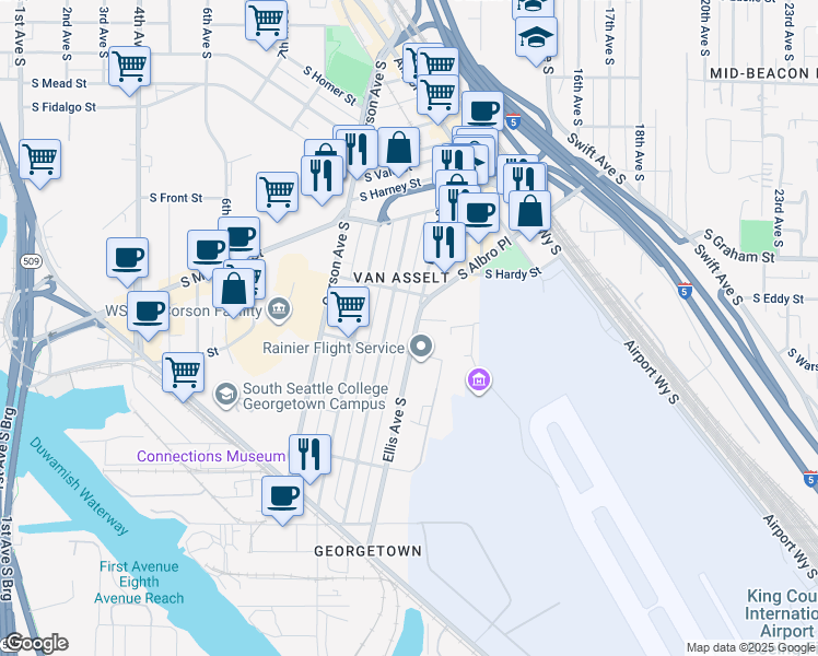 map of restaurants, bars, coffee shops, grocery stores, and more near 6525 Ellis Avenue South in Seattle