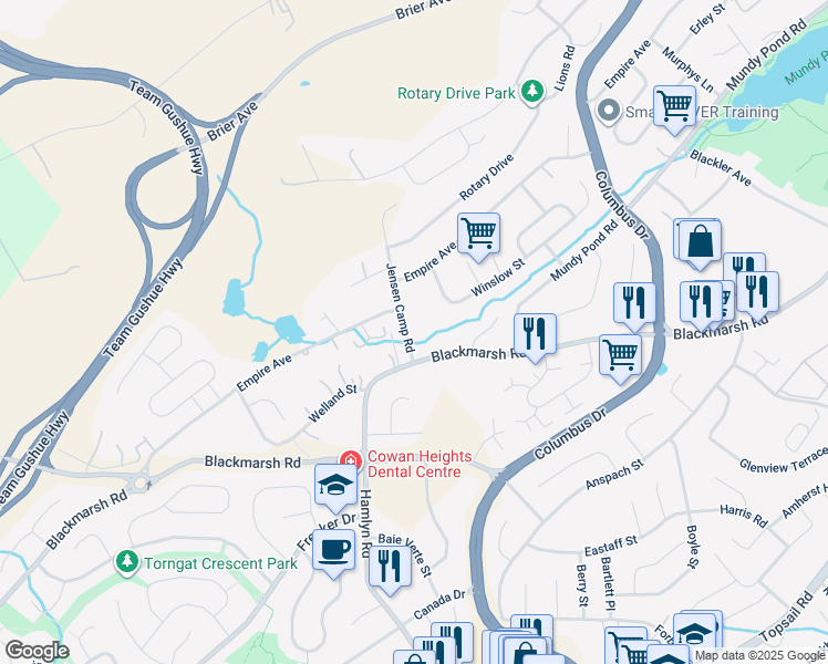 map of restaurants, bars, coffee shops, grocery stores, and more near 4 Jensen Camp Road in St. John's