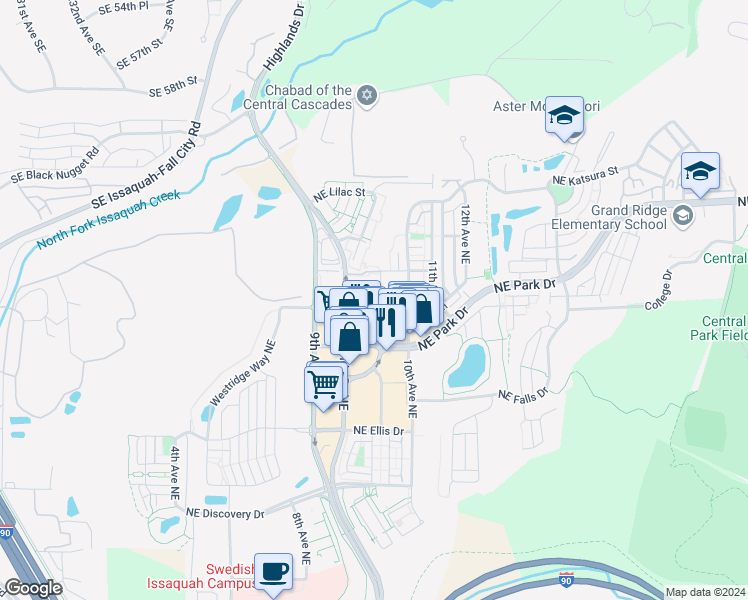 map of restaurants, bars, coffee shops, grocery stores, and more near 1723 9th Place Northeast in Issaquah