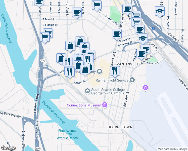 map of restaurants, bars, coffee shops, grocery stores, and more near 699 South River Street in Seattle