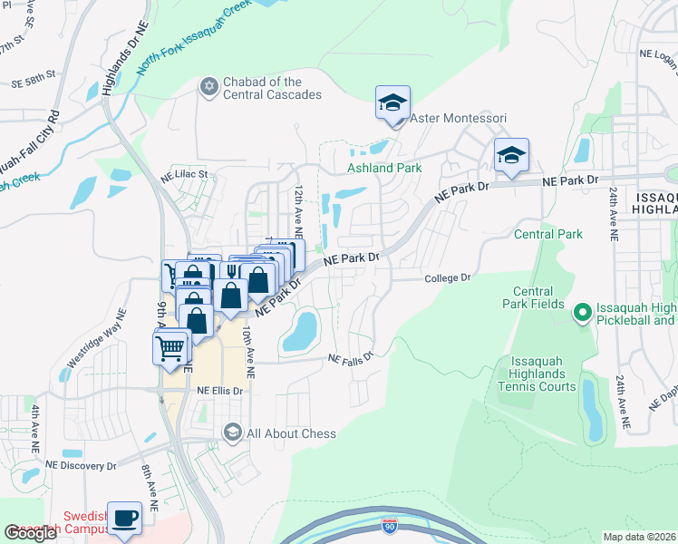 map of restaurants, bars, coffee shops, grocery stores, and more near 1380 Northeast Hickory Lane in Issaquah