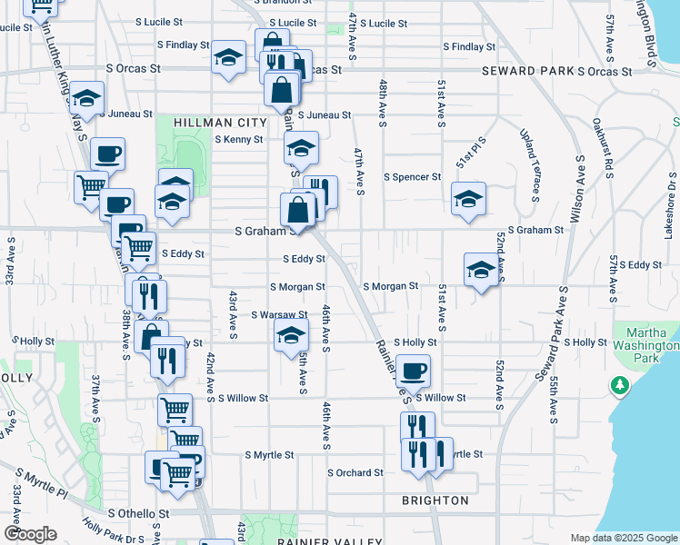 map of restaurants, bars, coffee shops, grocery stores, and more near 6509 Rainier Avenue South in Seattle
