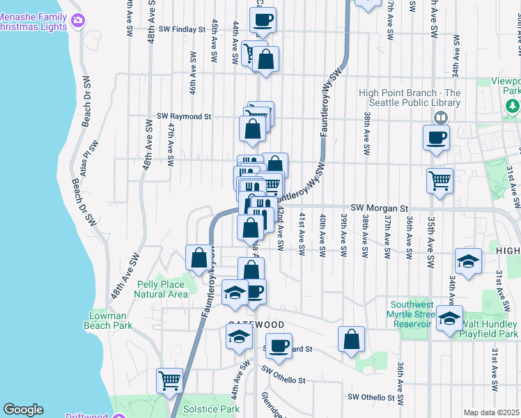 map of restaurants, bars, coffee shops, grocery stores, and more near 6531c Parshall Place Southwest in Seattle