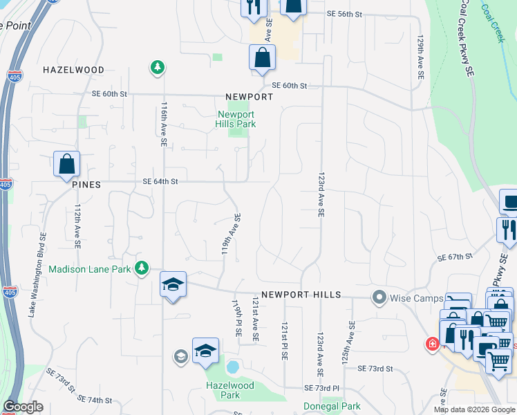 map of restaurants, bars, coffee shops, grocery stores, and more near 6502 121st Avenue Southeast in Bellevue