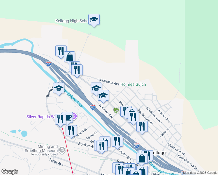 map of restaurants, bars, coffee shops, grocery stores, and more near 510 West Cameron Avenue in Kellogg