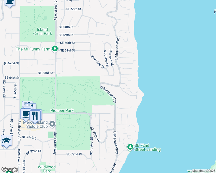 map of restaurants, bars, coffee shops, grocery stores, and more near 9185 Southeast 64th Street in Mercer Island