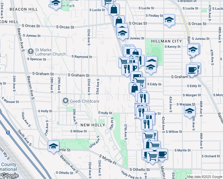 map of restaurants, bars, coffee shops, grocery stores, and more near 3325 South Graham Street in Seattle