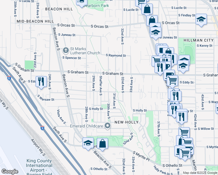 map of restaurants, bars, coffee shops, grocery stores, and more near 6323 30th Avenue South in Seattle
