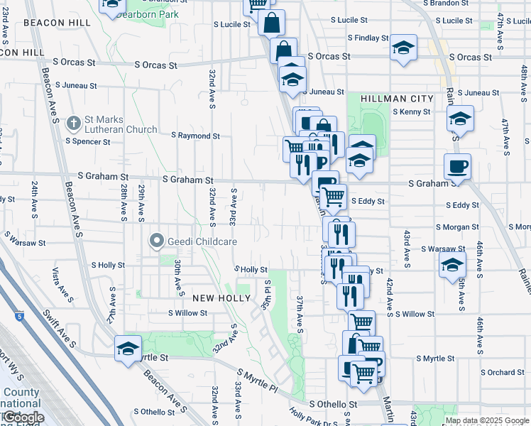 map of restaurants, bars, coffee shops, grocery stores, and more near 3325 South Graham Street in Seattle
