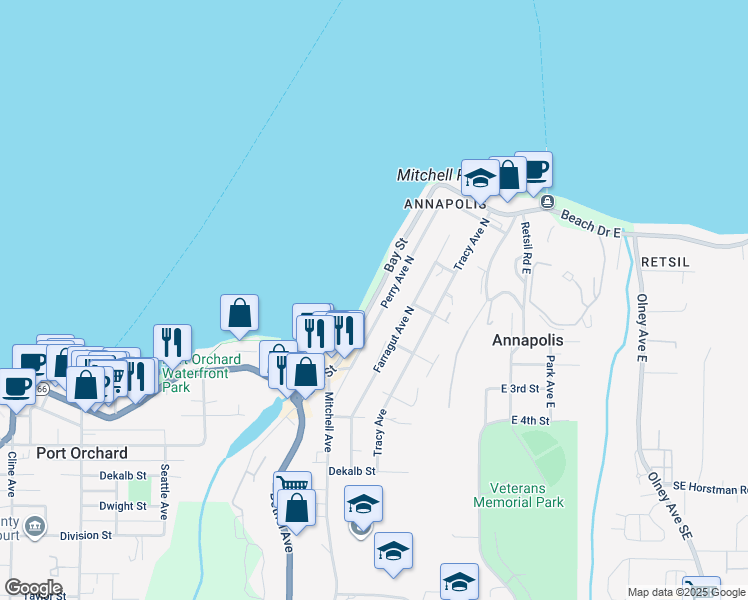 map of restaurants, bars, coffee shops, grocery stores, and more near 1615 Bay Street in Port Orchard