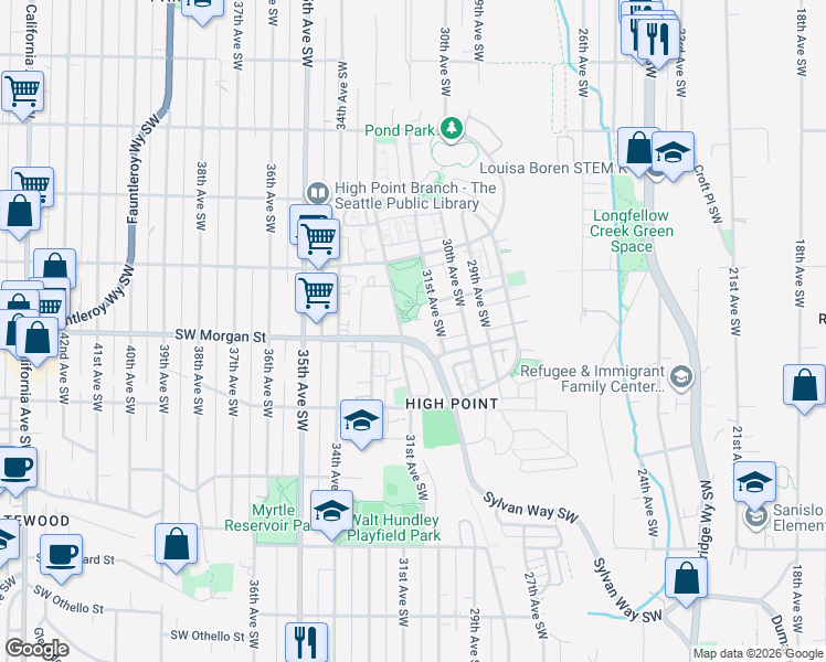 map of restaurants, bars, coffee shops, grocery stores, and more near 6400 Sylvan Way Southwest in Seattle