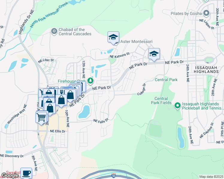 map of restaurants, bars, coffee shops, grocery stores, and more near 1460 Northeast Hawthorne Street in Issaquah