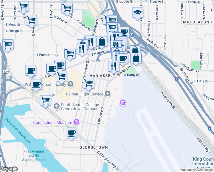 map of restaurants, bars, coffee shops, grocery stores, and more near in Seattle