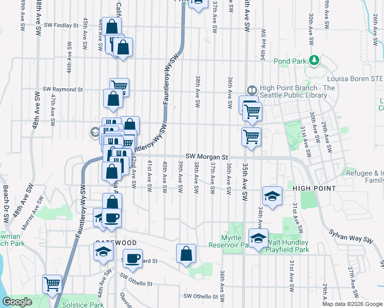 map of restaurants, bars, coffee shops, grocery stores, and more near 6337 38th Avenue Southwest in Seattle