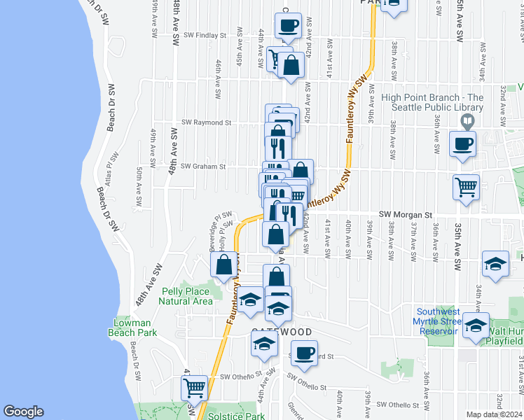 map of restaurants, bars, coffee shops, grocery stores, and more near 6525 Fauntleroy Way Southwest in Seattle