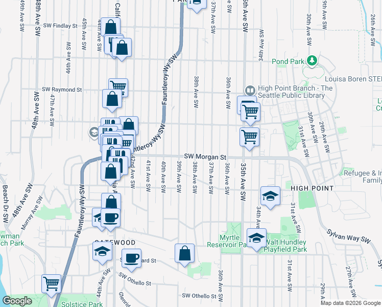 map of restaurants, bars, coffee shops, grocery stores, and more near 6337 38th Avenue Southwest in Seattle