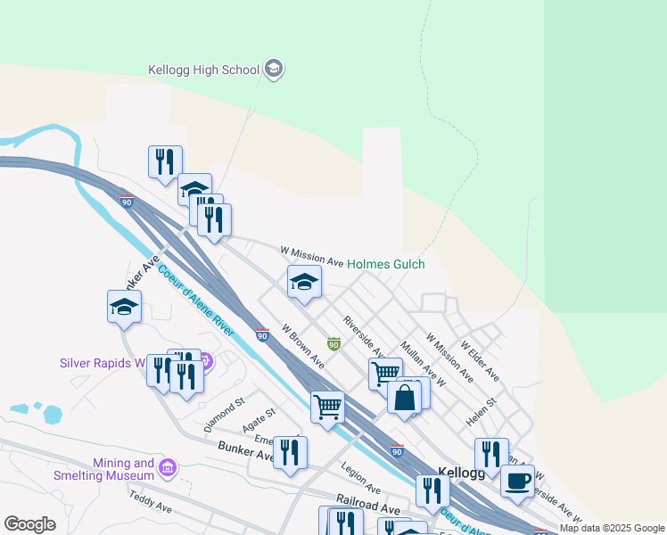 map of restaurants, bars, coffee shops, grocery stores, and more near 515 West Mission Avenue in Kellogg