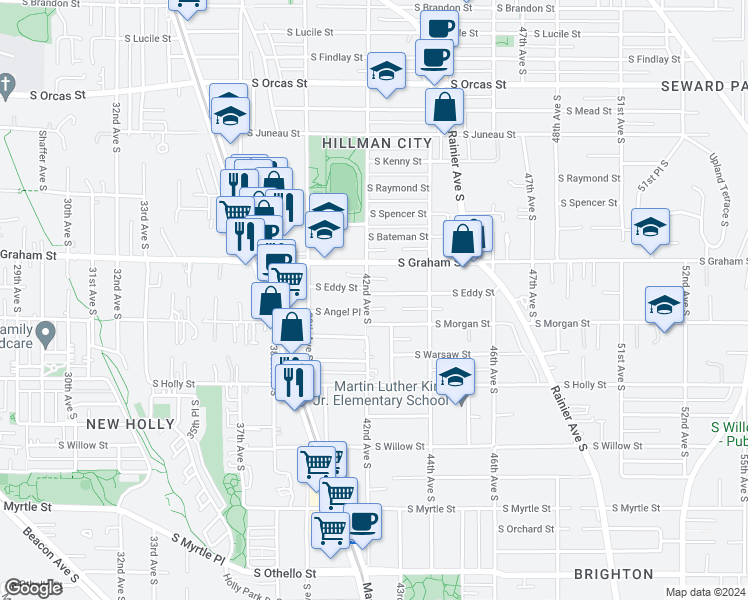 map of restaurants, bars, coffee shops, grocery stores, and more near 6400 42nd Avenue South in Seattle
