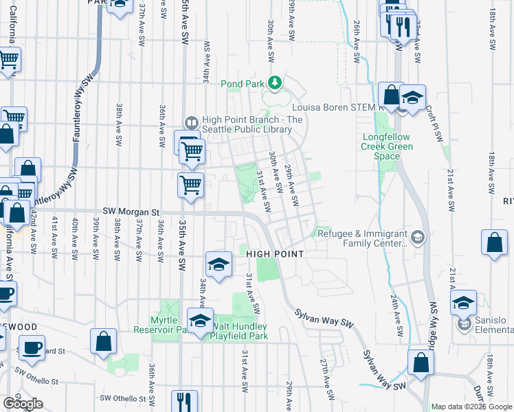map of restaurants, bars, coffee shops, grocery stores, and more near 6400 Sylvan Way Southwest in Seattle