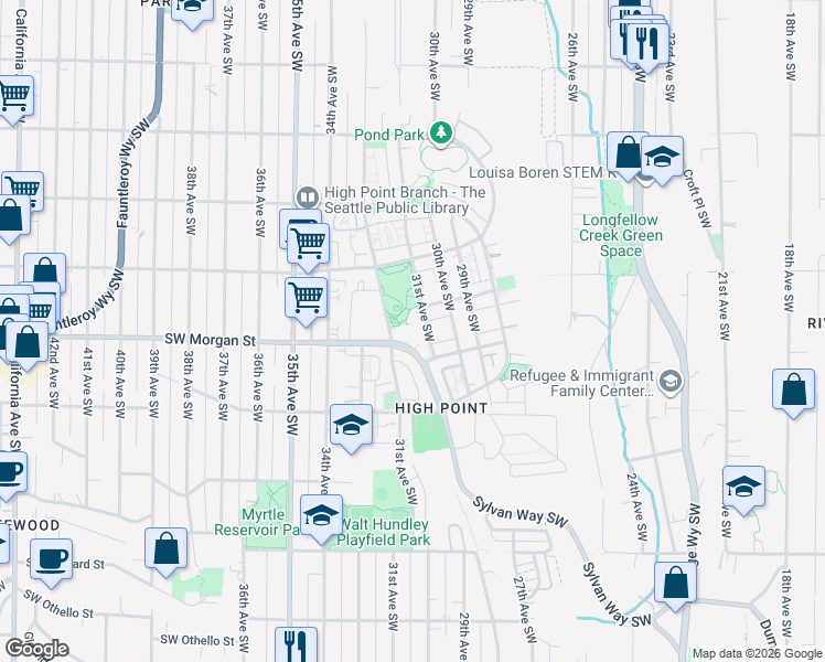 map of restaurants, bars, coffee shops, grocery stores, and more near 3015 Bataan Place Southwest in Seattle