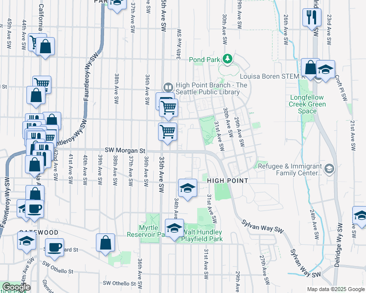 map of restaurants, bars, coffee shops, grocery stores, and more near 6336 34th Avenue Southwest in Seattle