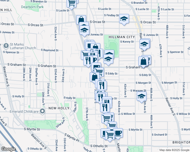 map of restaurants, bars, coffee shops, grocery stores, and more near Martin Luther King Junior Way South in Seattle
