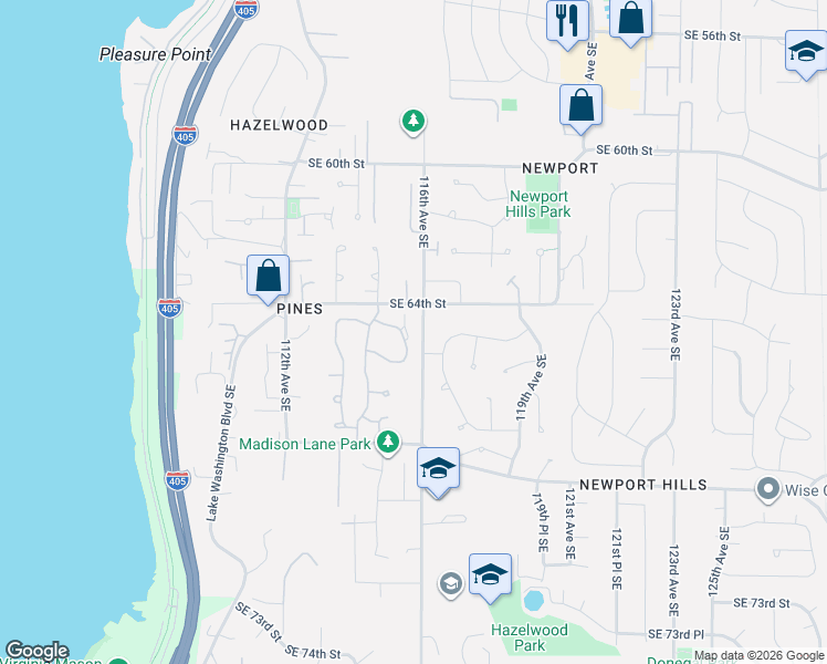 map of restaurants, bars, coffee shops, grocery stores, and more near 6510 115th Place Southeast in Bellevue