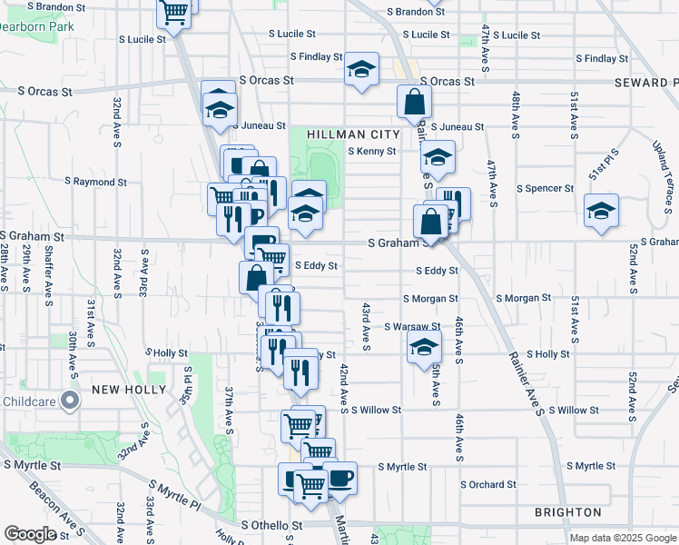 map of restaurants, bars, coffee shops, grocery stores, and more near 3944 South Eddy Street in Seattle