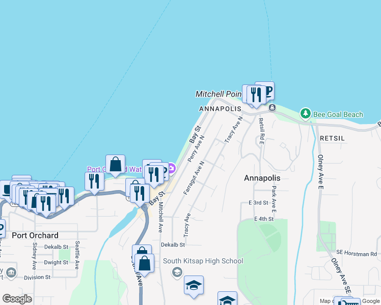 map of restaurants, bars, coffee shops, grocery stores, and more near 1662 Bay Street in Port Orchard