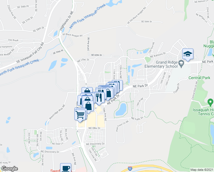 map of restaurants, bars, coffee shops, grocery stores, and more near 1004 Northeast Ingram Street in Issaquah