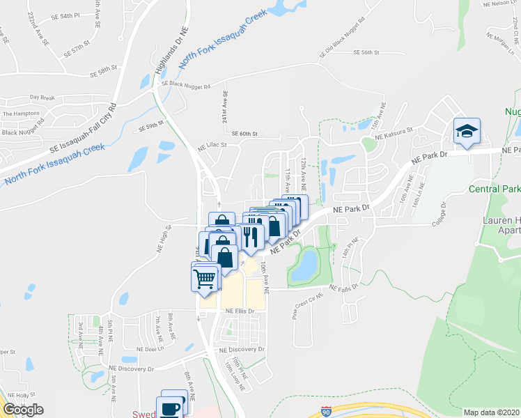 map of restaurants, bars, coffee shops, grocery stores, and more near 1004 Northeast Ingram Street in Issaquah