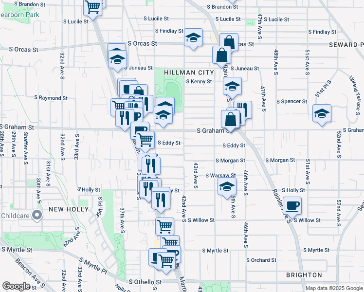 map of restaurants, bars, coffee shops, grocery stores, and more near 3944 South Eddy Street in Seattle