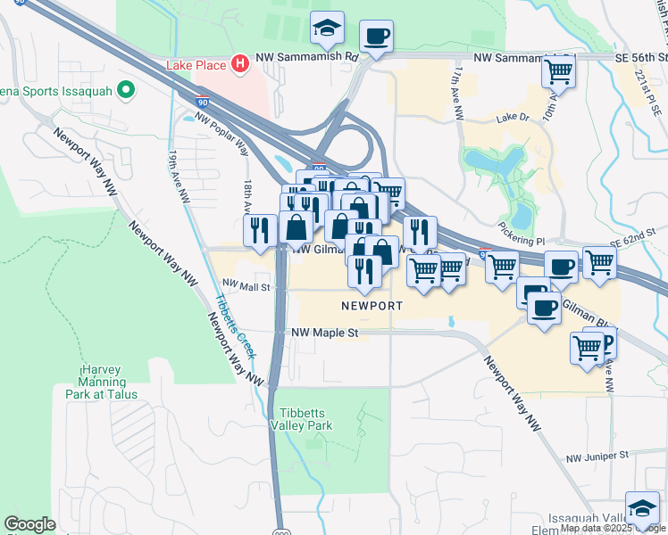 map of restaurants, bars, coffee shops, grocery stores, and more near 1505 Northwest Gilman Boulevard in Issaquah