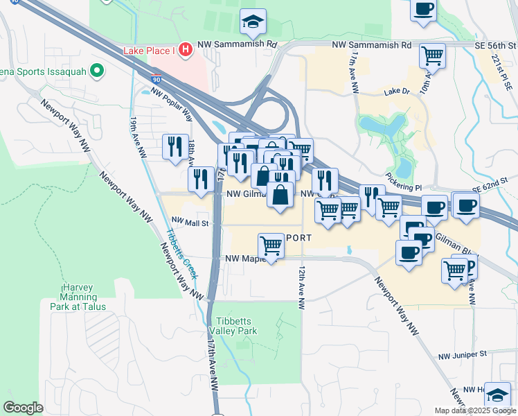 map of restaurants, bars, coffee shops, grocery stores, and more near 1359-1421 Northwest Gilman Boulevard in Issaquah