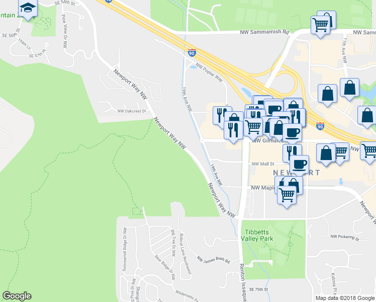 map of restaurants, bars, coffee shops, grocery stores, and more near 2204 Newport Way Northwest in Issaquah