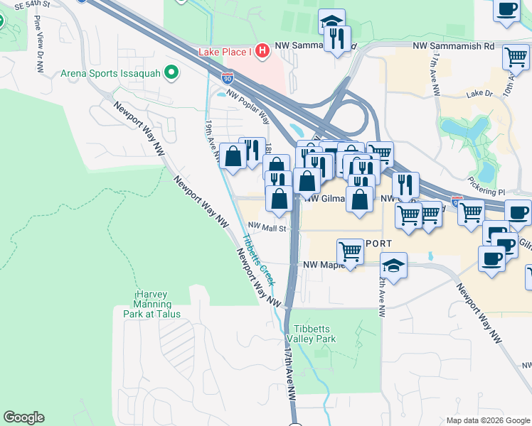 map of restaurants, bars, coffee shops, grocery stores, and more near 1705 Northwest Gilman Boulevard in Issaquah