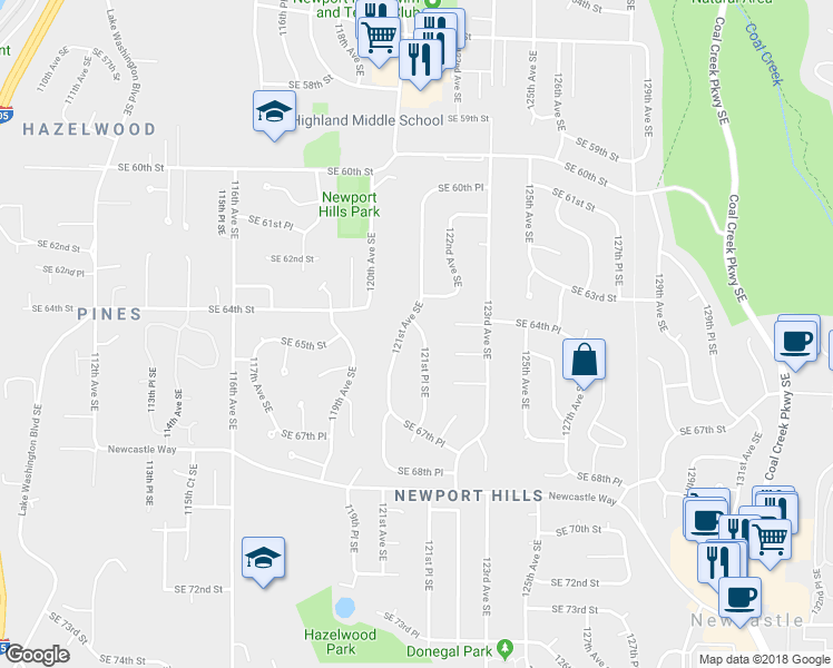 map of restaurants, bars, coffee shops, grocery stores, and more near 6327 121st Place Southeast in Bellevue