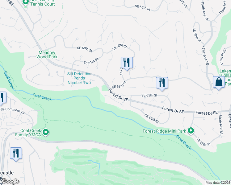 map of restaurants, bars, coffee shops, grocery stores, and more near 14605 Southeast 63rd Street in Bellevue