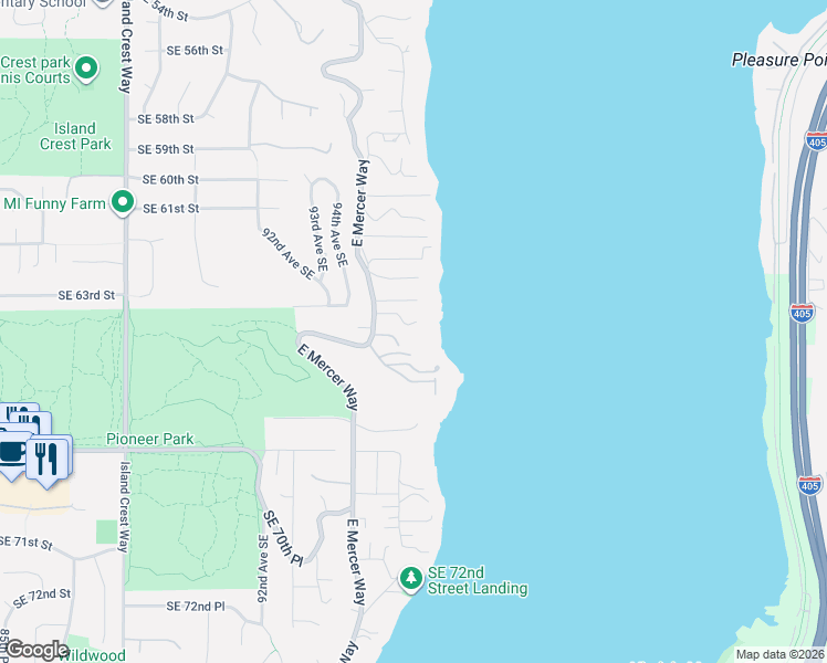 map of restaurants, bars, coffee shops, grocery stores, and more near 6418 East Mercer Way in Mercer Island