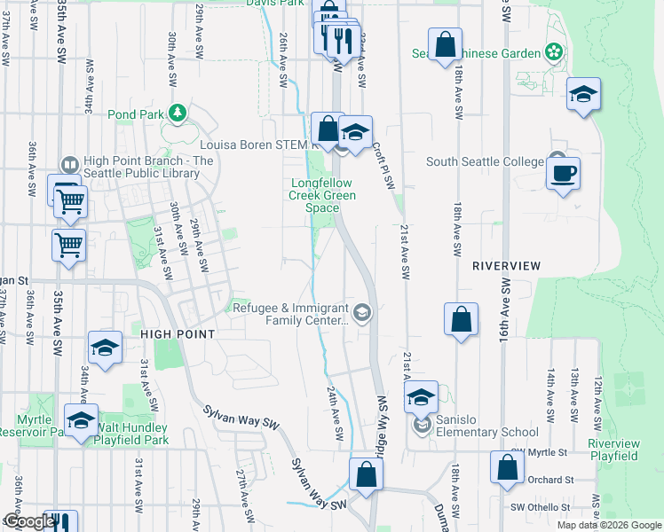 map of restaurants, bars, coffee shops, grocery stores, and more near 6341 Delridge Way Southwest in Seattle