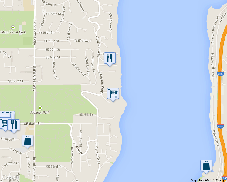 map of restaurants, bars, coffee shops, grocery stores, and more near 6418 East Mercer Way in Mercer Island