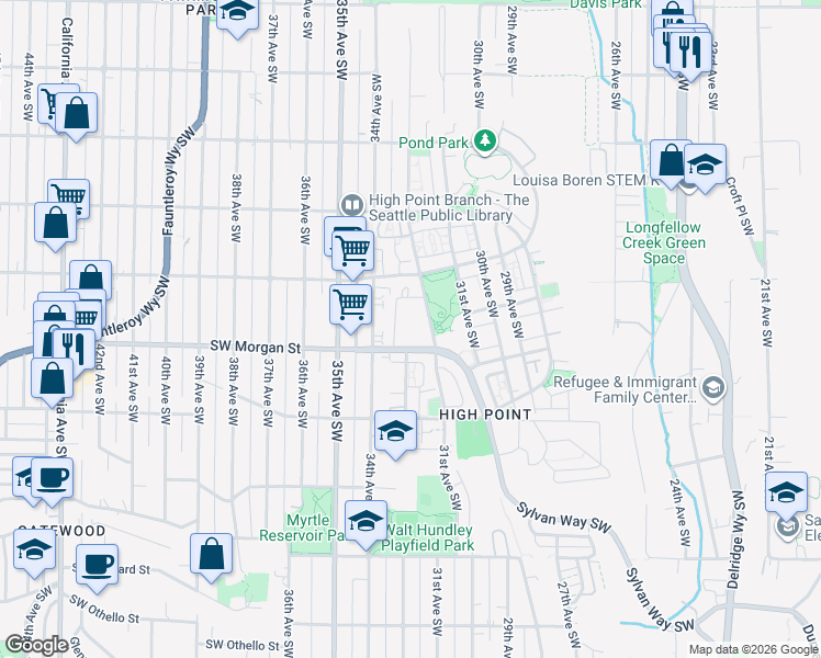 map of restaurants, bars, coffee shops, grocery stores, and more near 3204 Southwest Morgan Street in Seattle