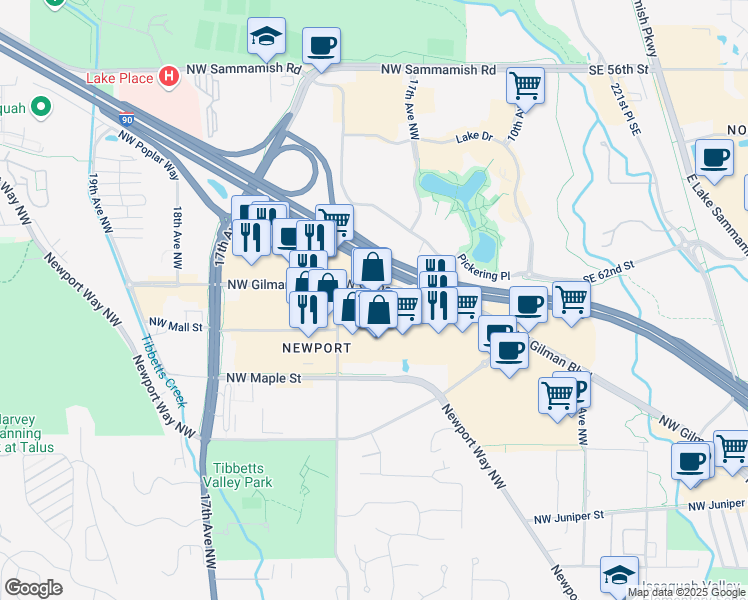map of restaurants, bars, coffee shops, grocery stores, and more near 1145 Northwest Gilman Boulevard in Issaquah