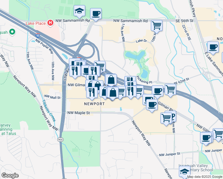 map of restaurants, bars, coffee shops, grocery stores, and more near 1145 Northwest Gilman Boulevard in Issaquah