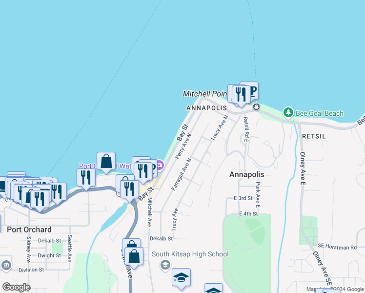 map of restaurants, bars, coffee shops, grocery stores, and more near 1662 Bay Street in Port Orchard