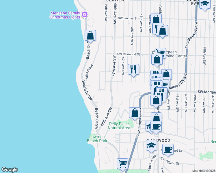 map of restaurants, bars, coffee shops, grocery stores, and more near 6342 50th Avenue Southwest in Seattle